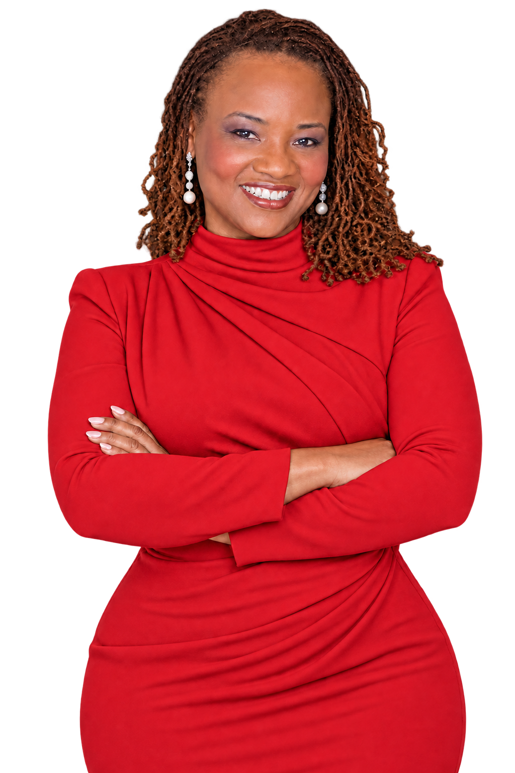 Denise Lee smiling in a red dress.